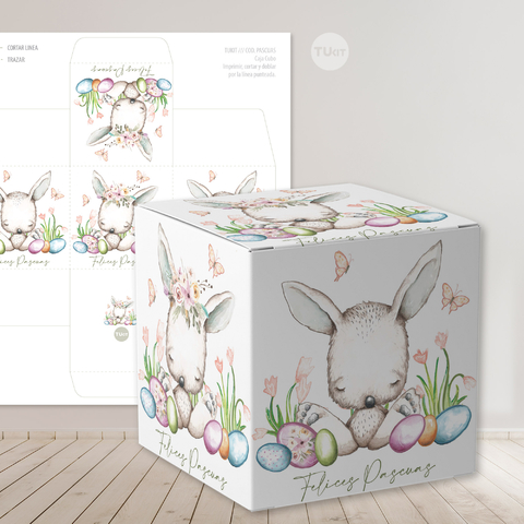 Caja cubo imprimible conejo blanco pascuas tukit