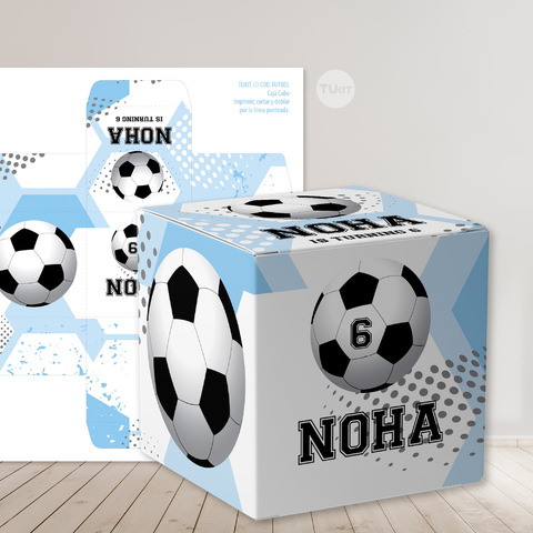 Caja cubo imprimible futbol celeste y blanco tukit
