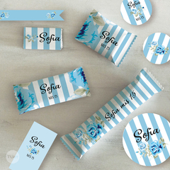 Kit imprimible rayas flores azules tukit - comprar online