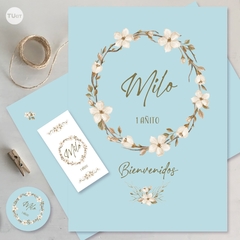 Kit imprimible flores naturales celeste y blanco tukit - TuKit