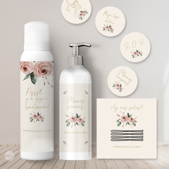 Kit imprimible baño sos flores rosas fondo beige tukit