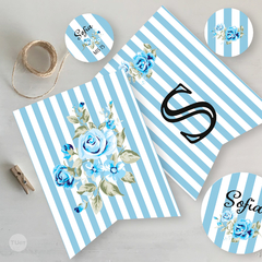 Kit imprimible rayas flores azules tukit en internet