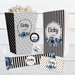kit imprimible party bundle flower blue, party supplies, cumpleaños, eventos, rayas blanco y negro