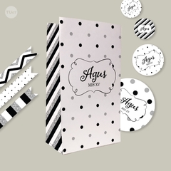 Kit imprimible glitter negro blanco plata candy bar tukit