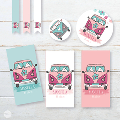 Kit imprimible camioneta traffic kombi hippie flores tukit - comprar online