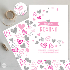 Kit imprimible corazones glitter rosa fuxia plata tukit - comprar online