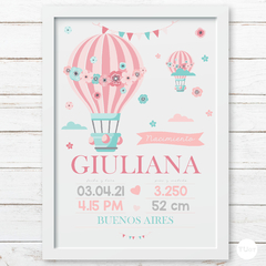 cartel editable imprimible, cuadro con globos y flores, balloon, globo nacimientos, lamina, cartel globo aerostatico, decoración, recuerdo