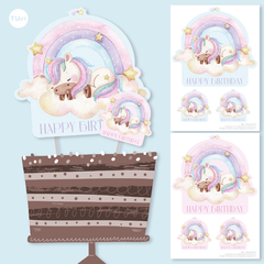 Cake topper adorno torta imprimible unicornio acuarela cloud tukit