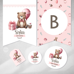 Kit imprimible osito acuarela rosa baby shower nacimiento tukit