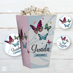 kit imprimible mariposas, colores vivos, texturas, cumpleaños con mariposas, banderin y cartel con mariposas, milk box, caja cubo
