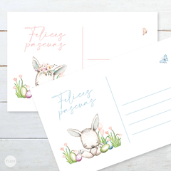 postal imprimible felices pascuas, postales, conejitos con flores, tarjetas, regalo