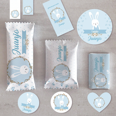 Kit imprimible conejo celeste rabbit primer año bautismo candy bar en internet