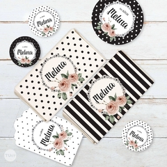 Kit imprimible wedding blanco negro flores rosas candy bar - comprar online