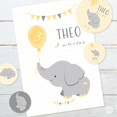 kit imprimible elefante bebe, cumpleaños, primer añito, bautismo, cartel, amarillo, elefantito amarillo