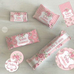 Kit imprimible flores rosas candy bar 15 años eventos tukit - comprar online