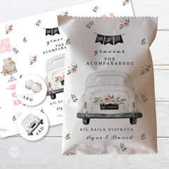 cartel casamientos auto, circulos wedding, topper, chipbag, bolsita fin de fiesta