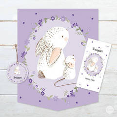 Kit imprimible conejo y raton acuarela flores lilas - comprar online
