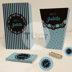 Kit imprimible wedding rayas lunares celeste negro candy bar - comprar online