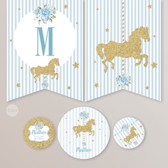 Kit imprimible carousel calesita glitter candy bar celeste tukit