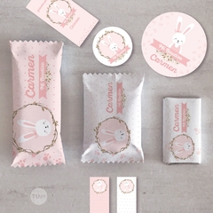 Kit imprimible coneja rosa primer año bautismo candy bar en internet