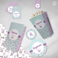 Kit imprimible pajarito flores violeta agua candy bar tukit