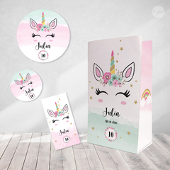 Kit imprimible unicornio acuarelas rosa verde amarillo candy bar tukit - comprar online