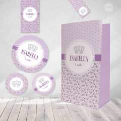 Kit imprimible coronita plata flores lilas candy bar cumpleaños tukit - tienda online