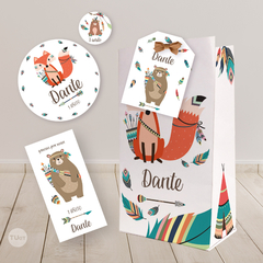 Kit imprimible animalitos del bosque tribal tipi candy bar tukit, animals party bundle