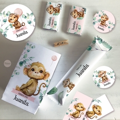 Kit imprimible monos monito flores acuarela tukit - TuKit