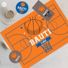 Kit imprimible basket basquet basketball azul naranja tukit en internet