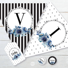 Kit imprimible rayas blanco negro flor azul tukit en internet