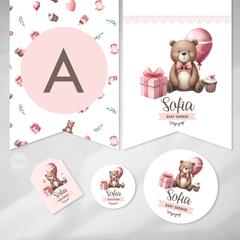 Kit imprimible osito acuarela rosa baby shower nacimiento tukit - TuKit