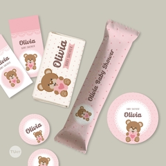 Kit imprimible osito bebe rosa candy bar tukit - tienda online