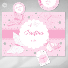 Kit imprimible mariposas rosas plata candy bar tukit - tienda online