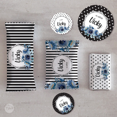 Kit imprimible rayas blanco negro flor azul tukit - TuKit