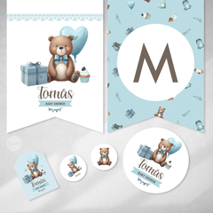 Kit imprimible osito acuarela celeste baby shower nacimiento tukit