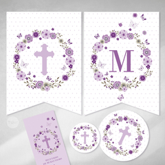 Kit imprimible bautismo comunión flores lilas mariposas tukit - tienda online