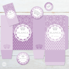 Kit imprimible coronita reina plata lavanda lila casamientos 15 años candy bar tukit - tienda online