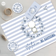Kit imprimible bautismo cumpleaños osito flores azules tukit - tienda online