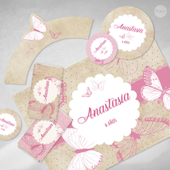Kit imprimible mariposas rosas vintage candy bar tukit - tienda online
