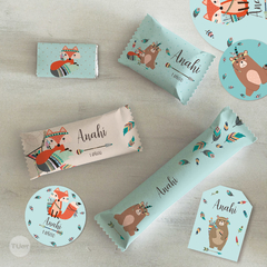 Kit imprimible animalitos del bosque tribal tipi verde tiffany candy bar tukit - tienda online
