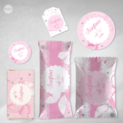 Imagen de Kit imprimible mariposas rosas plata candy bar tukit
