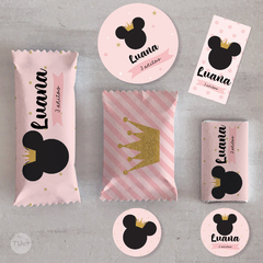 Kit imprimible minnie rosa dorado candy bar tukit - tienda online