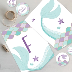 Kit imprimible sirenas lila verde escamas mermaid scales candy bar tukit - tienda online