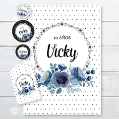 Kit imprimible rayas blanco negro flor azul tukit - tienda online