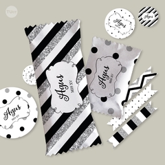 Kit imprimible glitter negro blanco plata candy bar tukit - tienda online