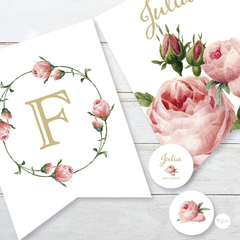 Kit imprimible flores rositas 15 años casamientos candy bar - tienda online