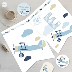 Imagen de Kit imprimible viajes travel avion celeste beige blanco tukit