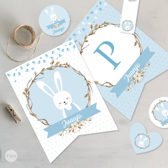 Kit imprimible conejo celeste rabbit primer año bautismo candy bar - tienda online