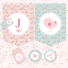 Kit imprimible pajarito flores rosa agua candy bar tukit - tienda online